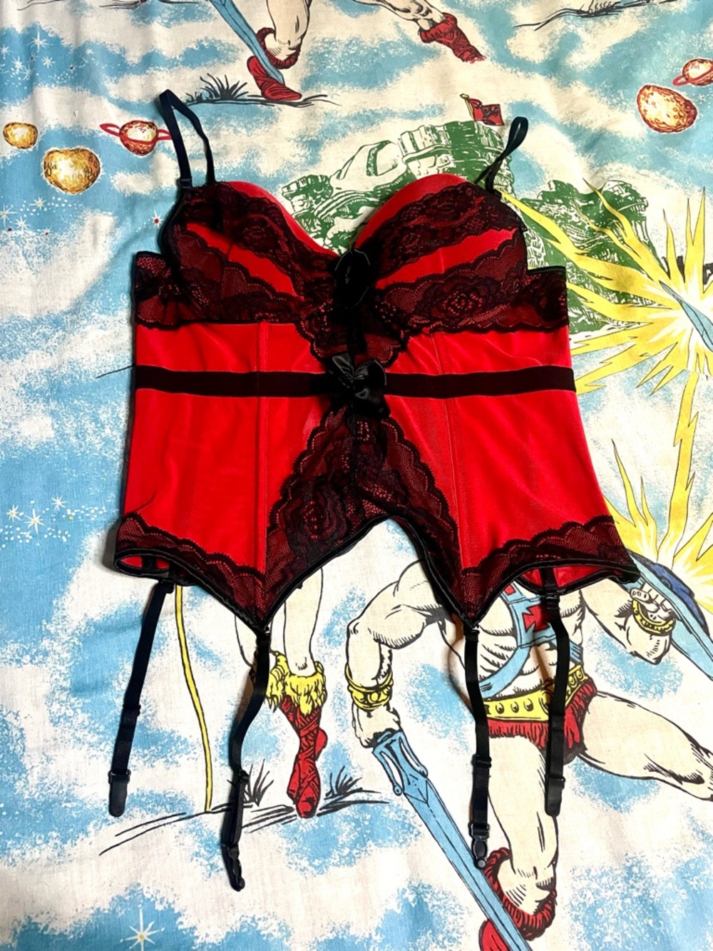 SHEIN Red Bustier Corset with Black Lace Trim and Garters 2x
